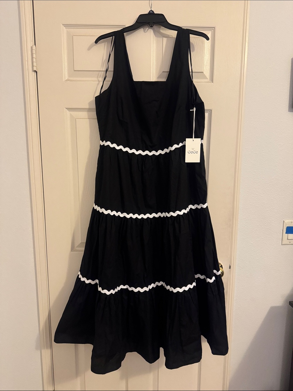 CeCe Black Maxi Dress with White Scallop Trim